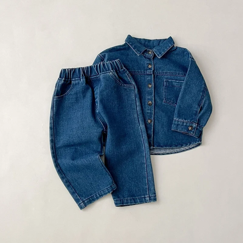 0-6-year-old Spring Children\'s Set New Fashionable Boys denim jacket cardigan long pants set Girls long sleeved top set