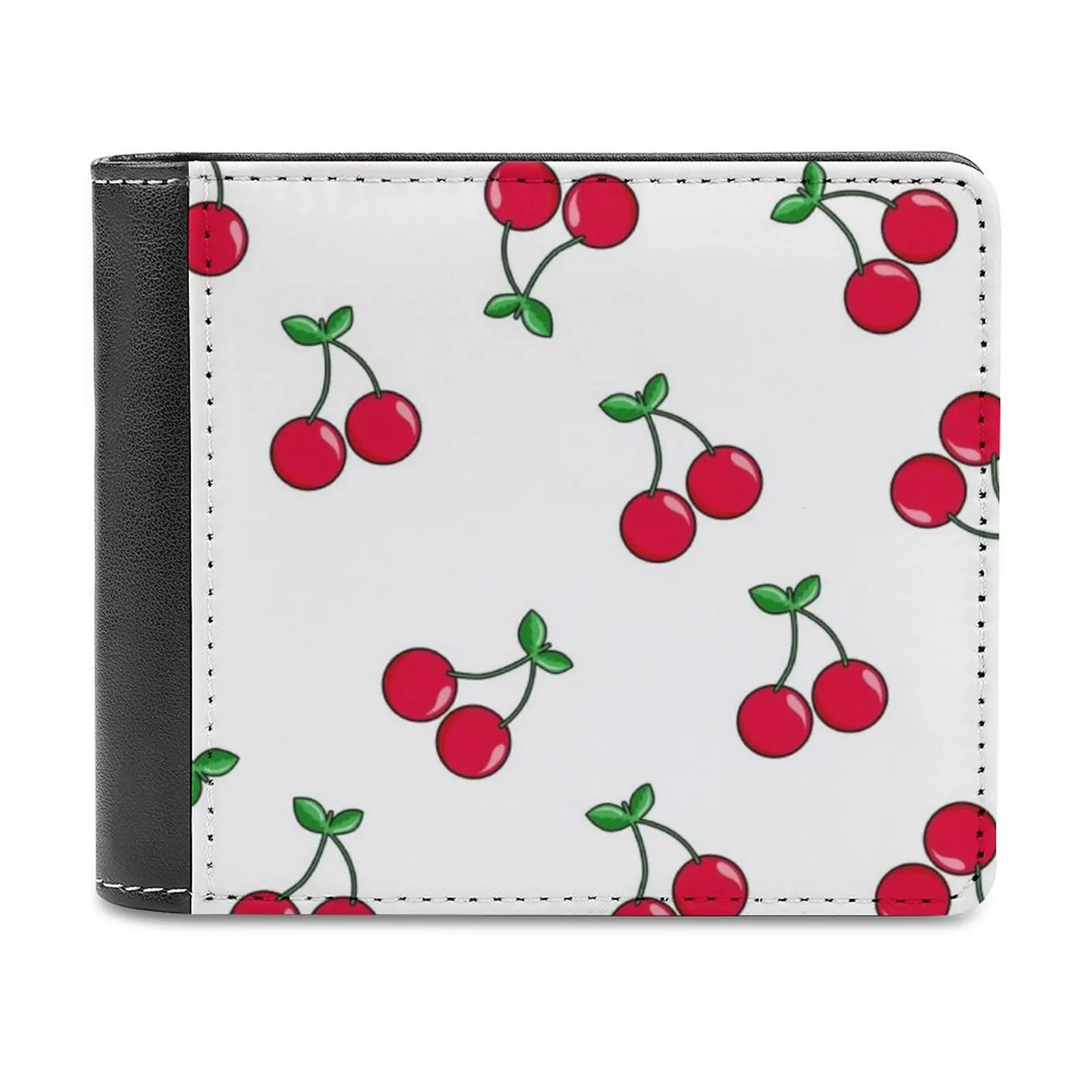 Cherries Leather Wallet Men Classic Black Purse Credit Card Holder Fashion Men's Wallet Cherry Fruit Poke Heart Kiss Sad