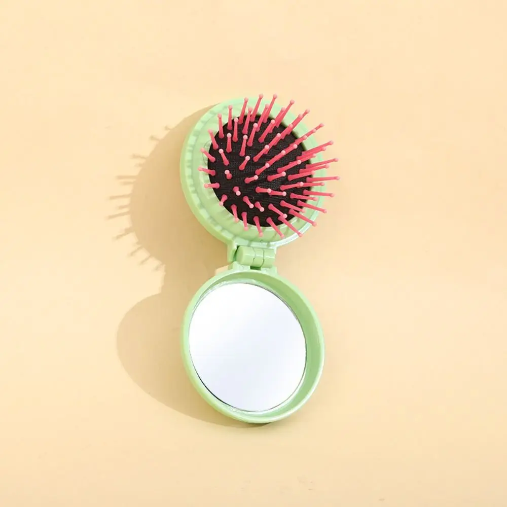 Durable Morandi Color Round Folding Comb with Mirror Anti Static Bow Air Cushion Comb Crown Compact Pocket Hair Brush Girl