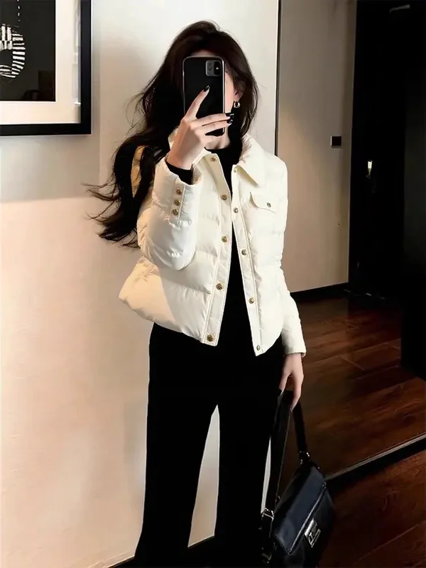 Fashionable White Cotton Jacket Short Style Turn-down Collar Korean Style Small Fragrance Wind Autumn Winter Women's Coat