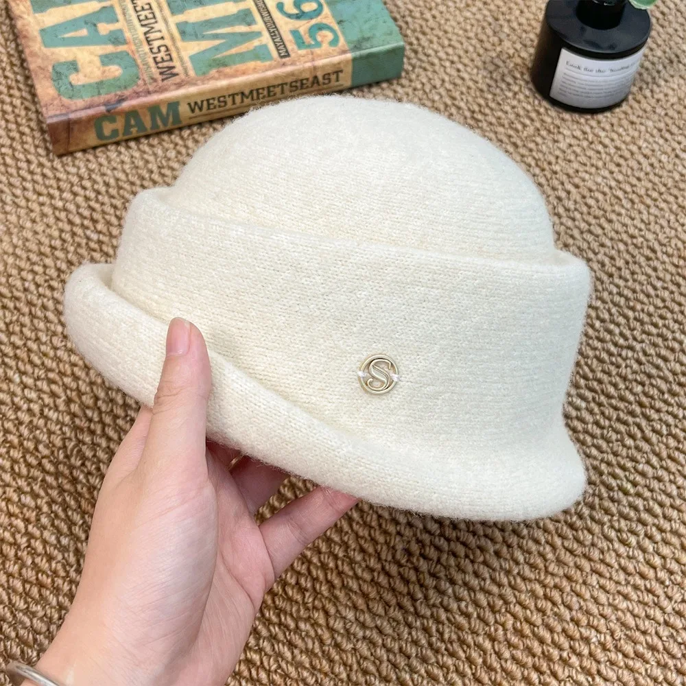 

Fashion Bow Hepburn Style Topper Hat Pearl Camellia Flower Woolen Bucket Hat Elegant British Style Wool Fisherman Hat Streetwear