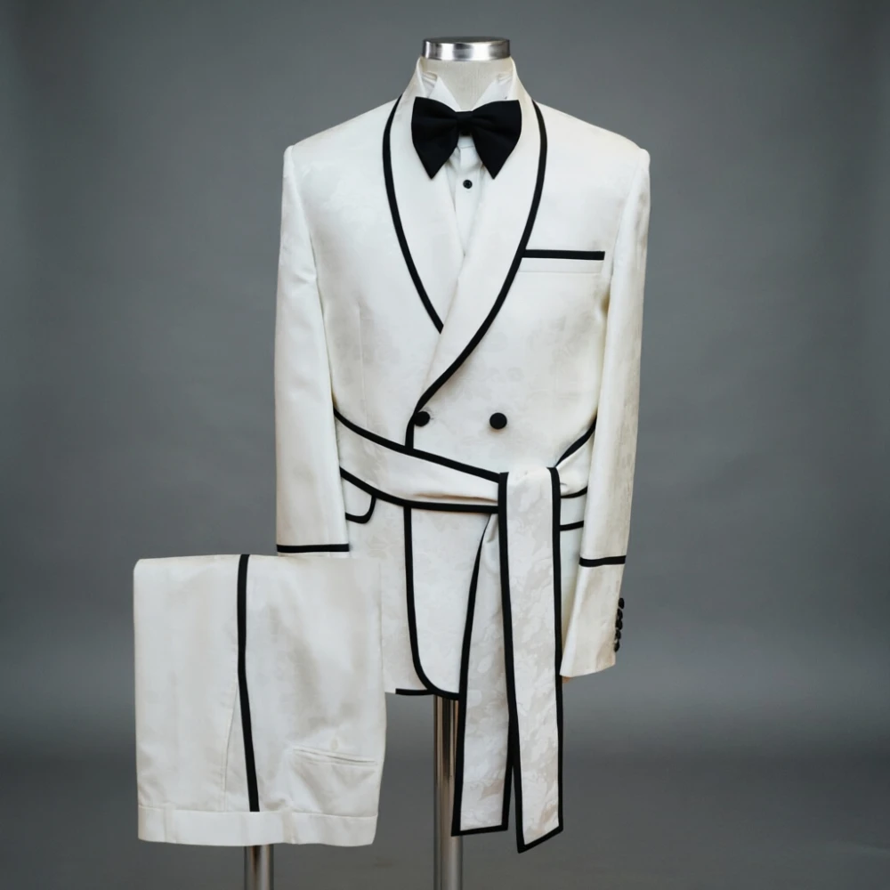 

White Wedding Tuxedo Double Breasted for Men Black Piping Groom Suit with Belt Slim Fit Formal Prom Party Blazer with Pants