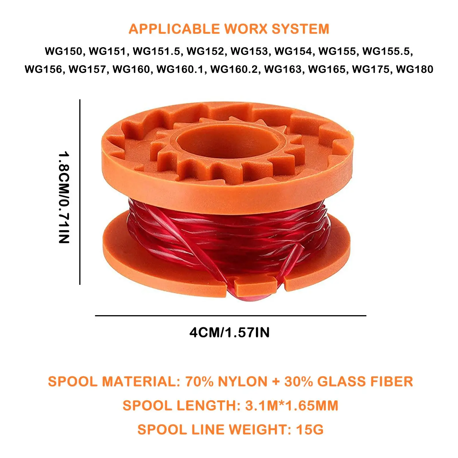 Ligne de bobine de coupe pour Worx, ensemble de bobines de ligne de coupe gazon de remplacement pour Worx Weed Eater 10 pieds/3.1M, chaîne de ligne de coupe-bordure
