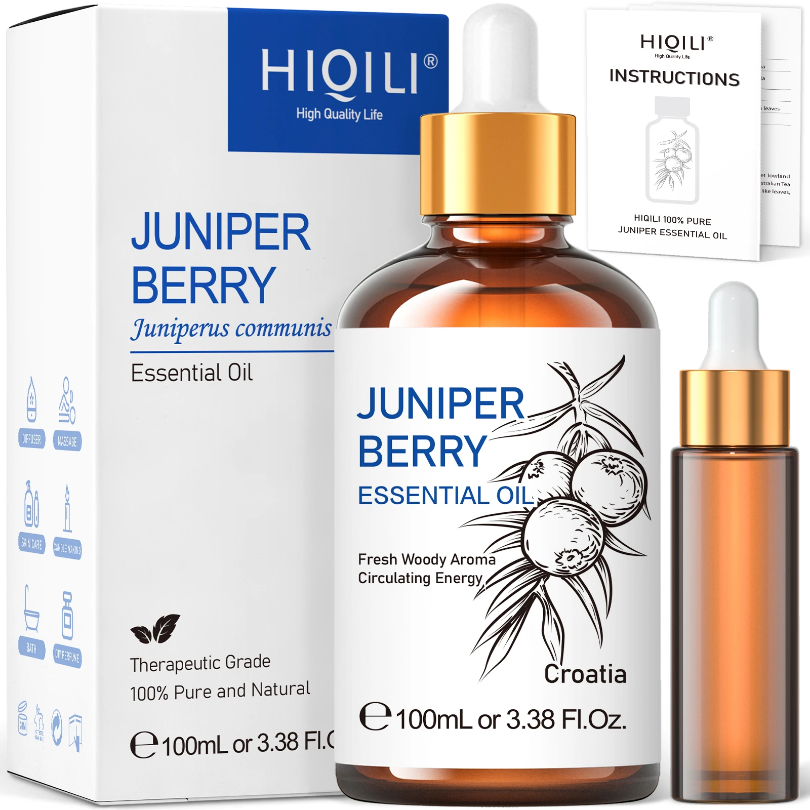 HIQILI 100ML Juniper Berry Essential Oils,100% Pure Nature for Aromatherapy, Diffuser, Humidifier, Massage, Rouse, Relexation