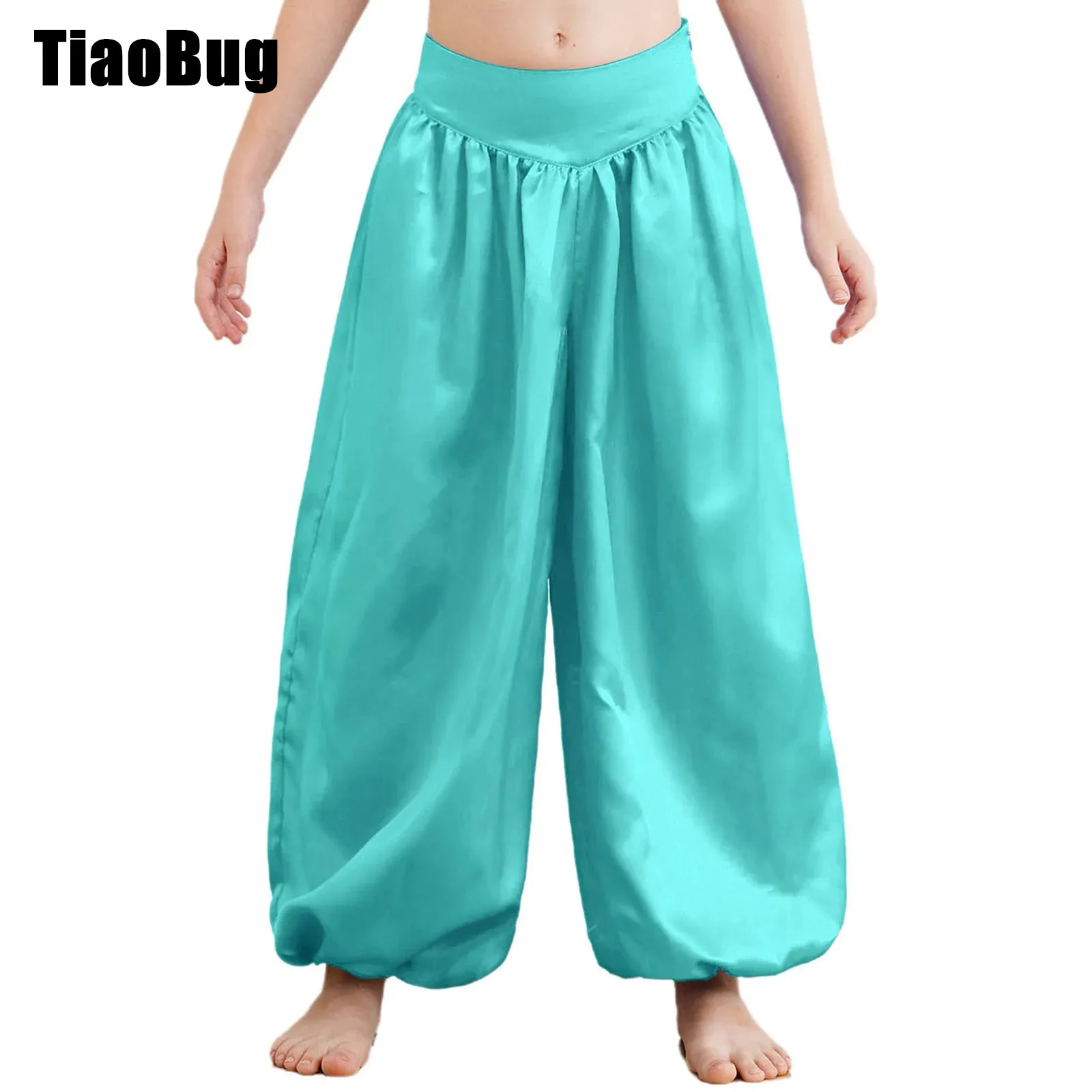 

Kids Girls Satin Belly Dance Pants Side Invisible Zipper Wide-Leg Bloomers for Performance Halloween Event Theme Party