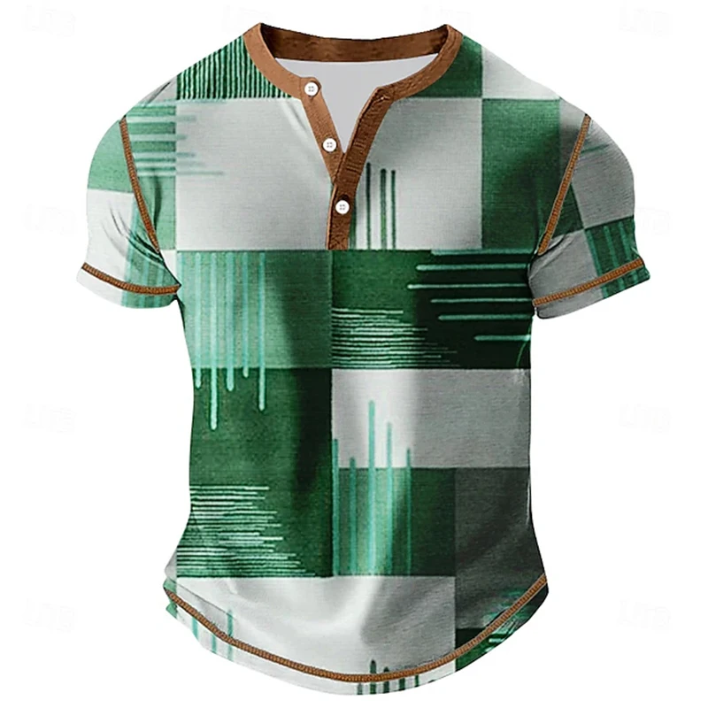 3D Color Checkered Print Men's Polo Shirt Hipster Fashion V-Neck Short Sleeve Breathable Top Summer Loose-Fit T-Shirt