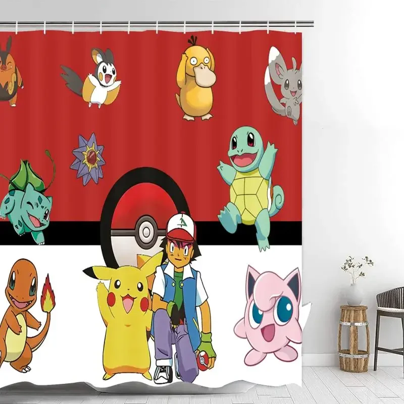 Kawaii Pokemon Shower Curtain Four-Piece Set Pikachu Anime Toilet Mat Floor Mat Shower Curtain Four-Piece Set Cute Gift