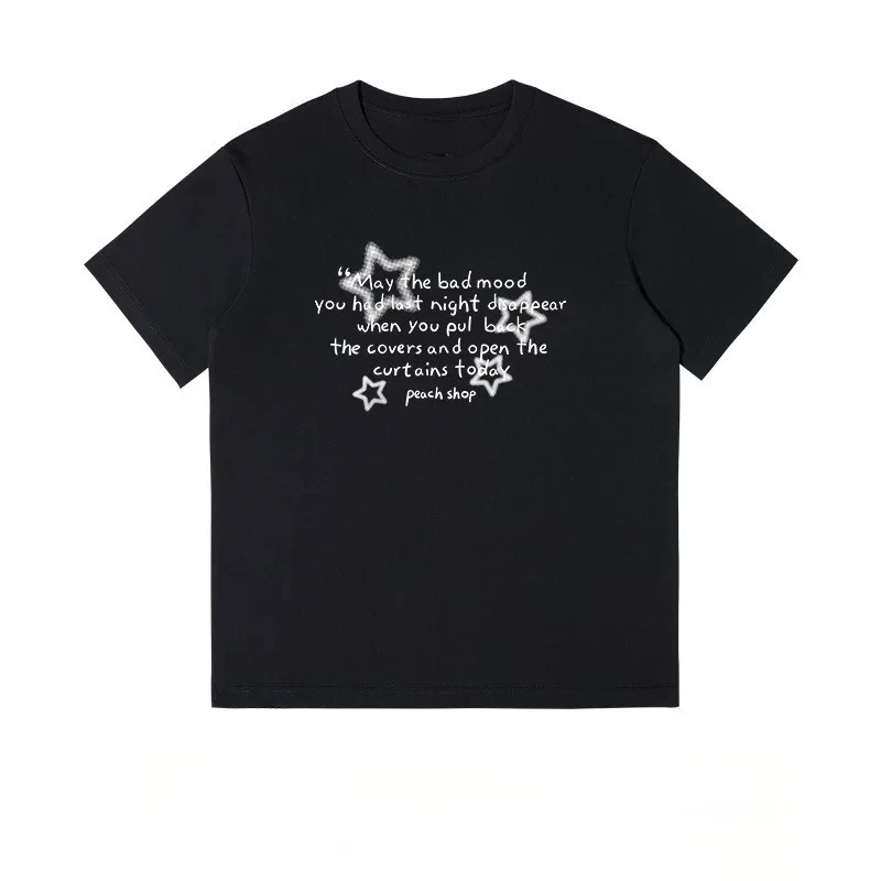Minimalist Star Text Print Short-sleeved T-shirt Women's Men's White Casual Tee Korean Style Versatile Crew Neck Simple Y2k Tops