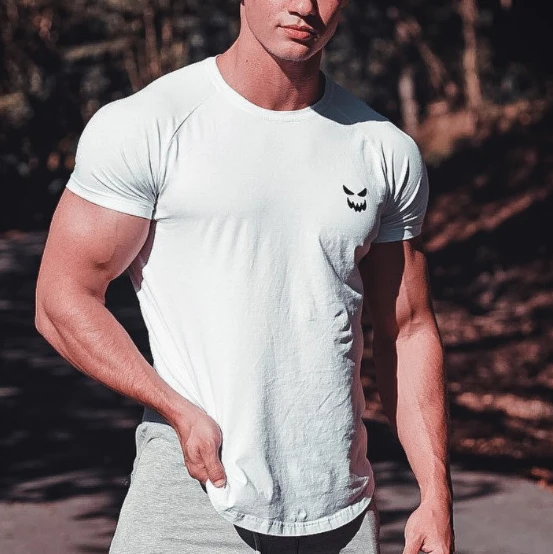 

Men Muscle T Shirt Cotton Elasticity Causal Gym Fitness Shirts Short Sleeve Curved Hem Slim Fit Tee Shirt