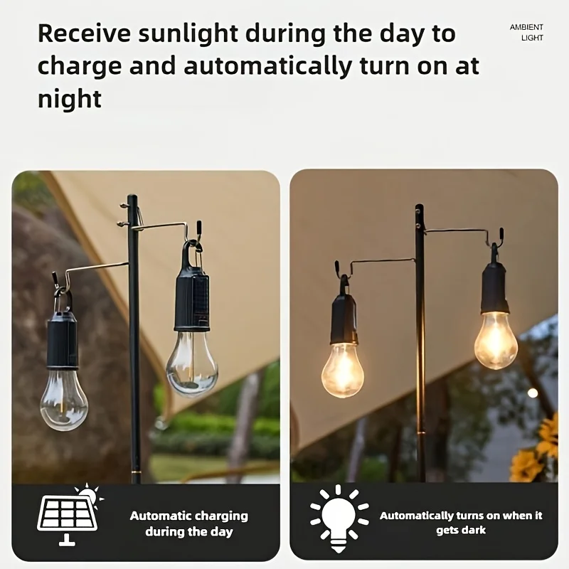 LED Bulb Solar&USB Power Tent Bulb Lamp with Hook Brightness Adjustable Emergency Lantern Light Outdoor BBQ Power Outage Gear