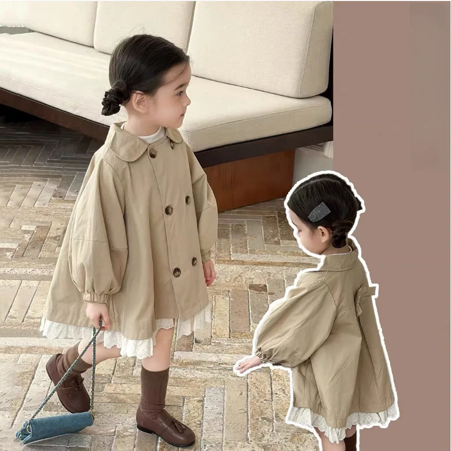 Baby girl double-breasted medium and long trench coat girls spring and autumn new baby girl British lace coat
