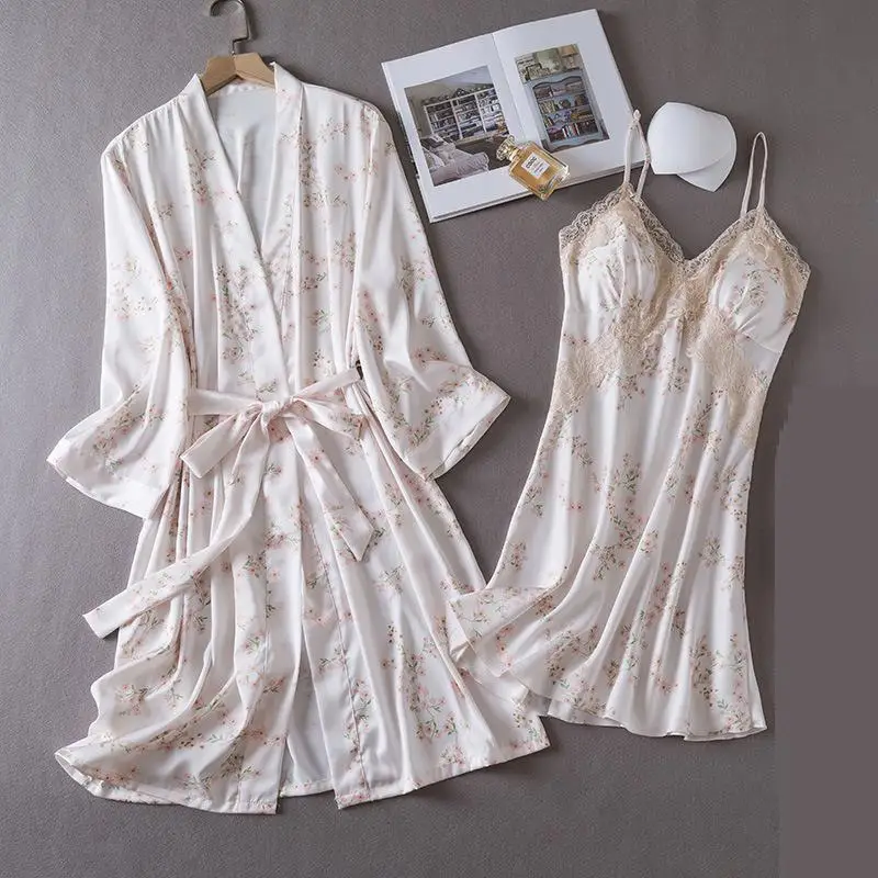 

V-Neck Print Kimono Bathrobe Gown Suit Women Lace Nighty&Robe Set Sleepwear Summer Nightgown Dressing Gown Satin Loungewear