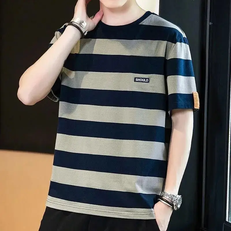

Striped Contrast Color Casual Retro T-shirt Summer Hong Kong Style Large Size Slim Trendy Brand Versatile Half-sleeved Top
