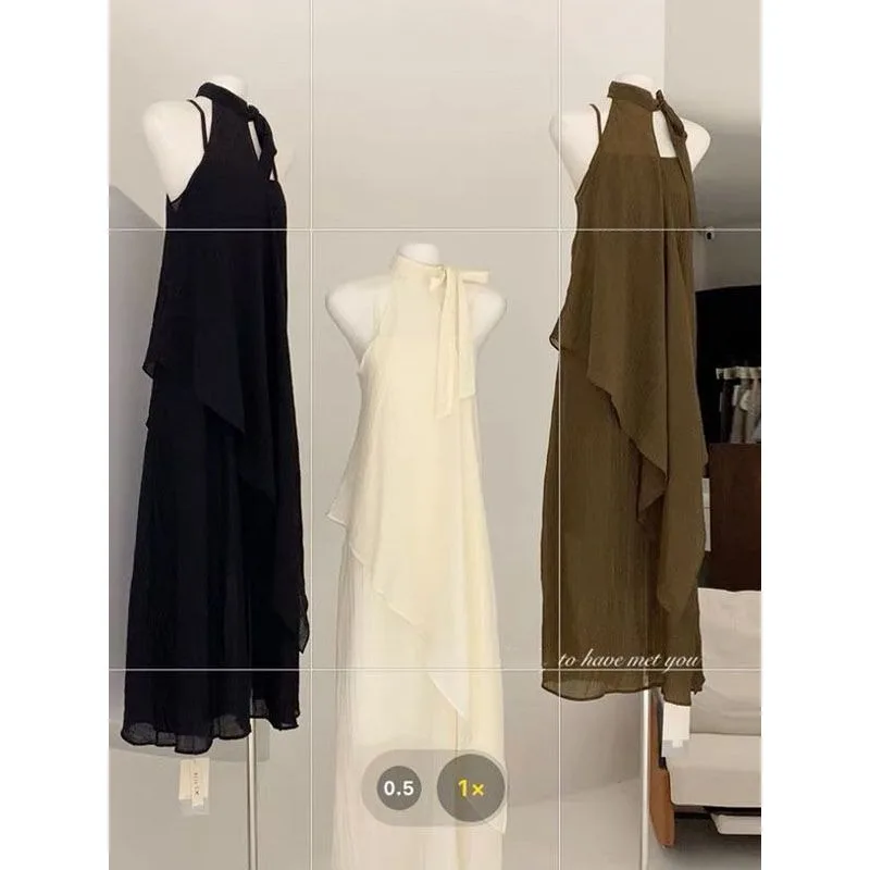 

Women's Halter Neck Sleeveless Asymmetric Hem Maxi Dress Multi-color Elegant Casual Gown