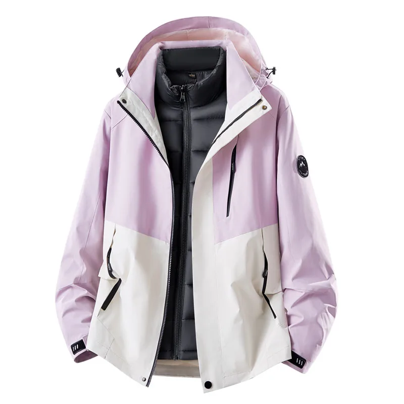 Unisex 3-in-1 Kapuzenjacke mit abnehmbarem, gepolstertem Innenmantel, farblich abgesetzte, wasserdichte, winddichte Jacke mit Reißverschluss für Männer und Frauen zum Wandern und Camping. – Detail 3