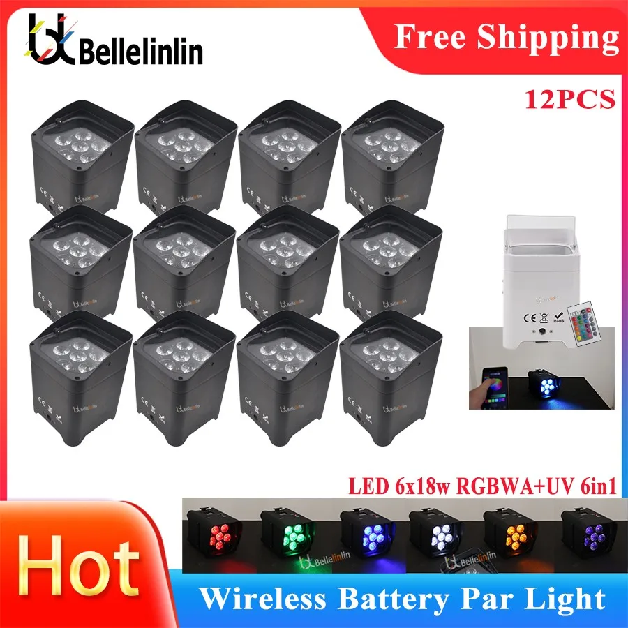 

No Tax 12pcs 6x18W RGBWA UV Color Battery Powered 2.4G Wireless Led Par Light White Housing Phone Remote Control