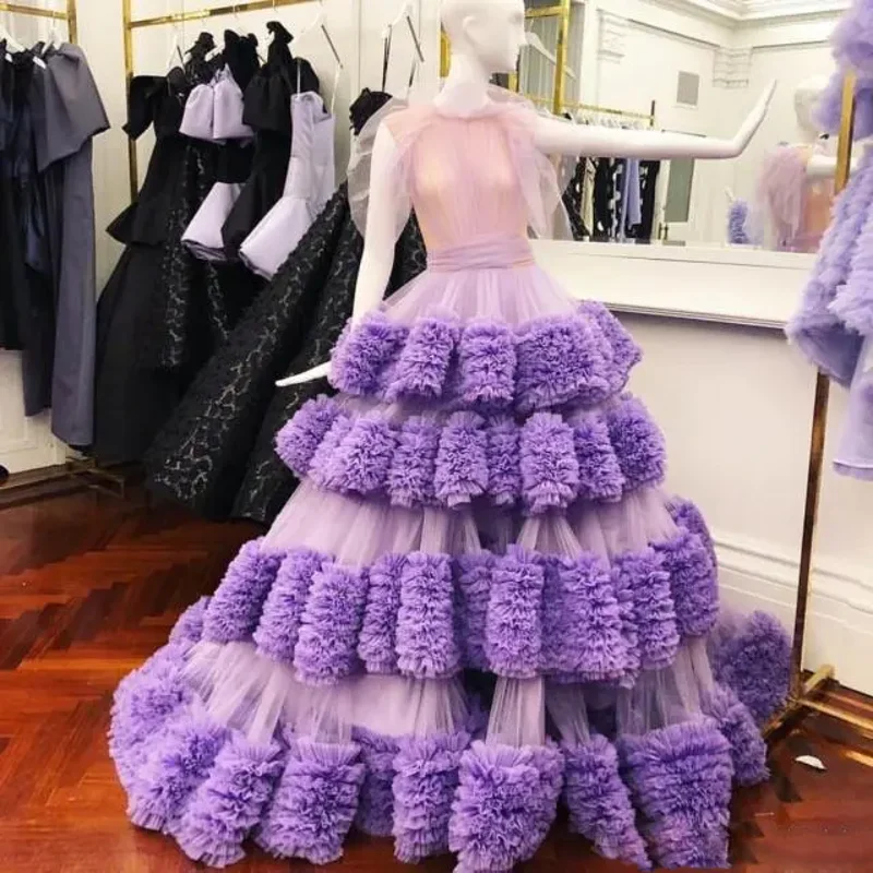 Haute Couture Lilac Prom Gowns Extra Puffy Tulle Formal Party Gowns Transparent Layered Women Dress Ruffled Lush for Wedding