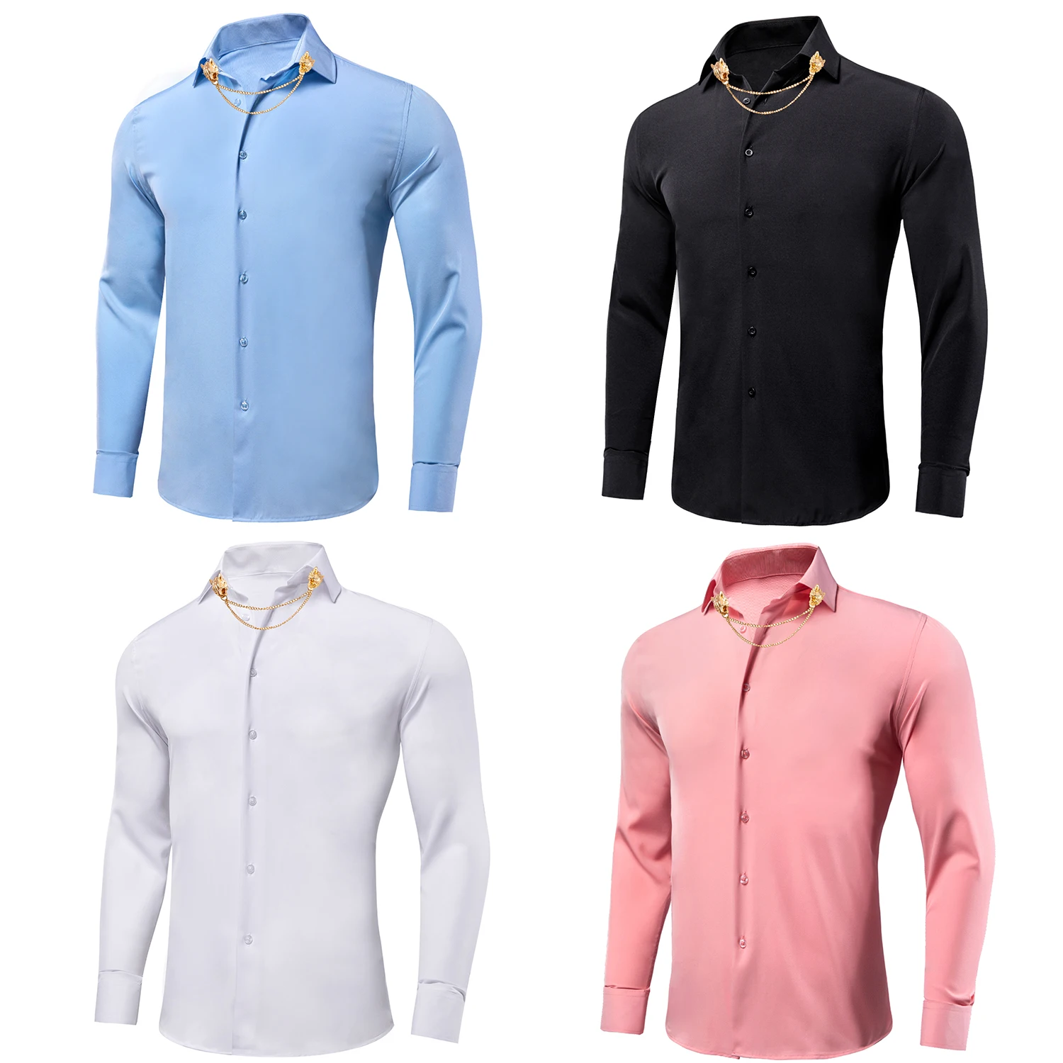 Hi-Tie hommes solide plaine léger chemises élastiques revers à manches longues rose noir robe chemise chemisier pour homme mariage affaires bal