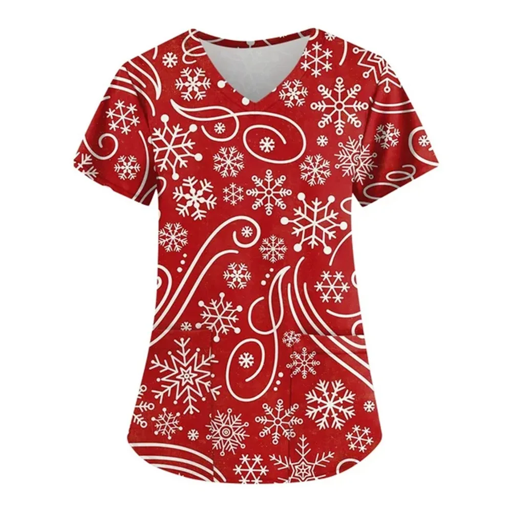 Christmas Nurse Uniform Women Xmas Snowflake Print Short Sleeve V Neck Overalls Tops Medical Working Uniforme Healthcare