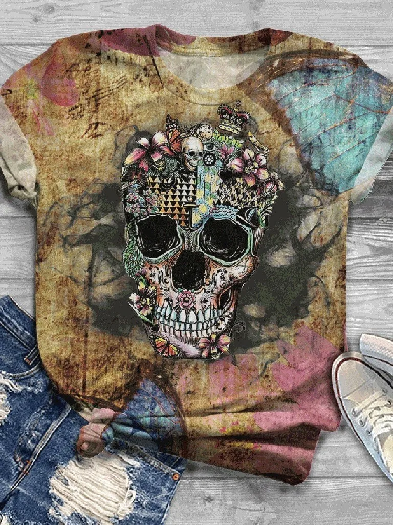 T-shirt da donna casual stampata versatile Street Sle Motivo floreale 3D Umidità ng ort Sve round Ne Regular Fit