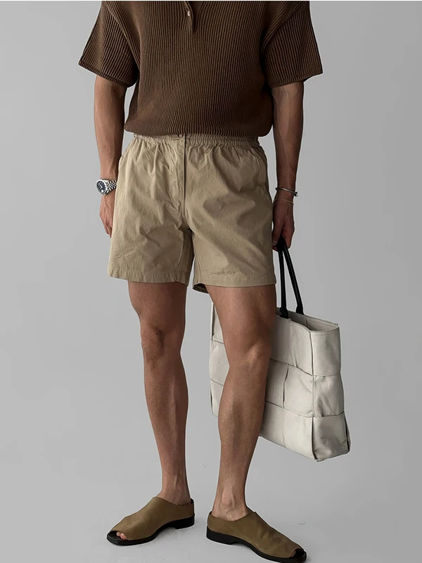 

Khaki Elastic Waist Casual orts Men's Summer Japanese Sle Versatile Color Cool Straight Tube Five-Quarter Pants