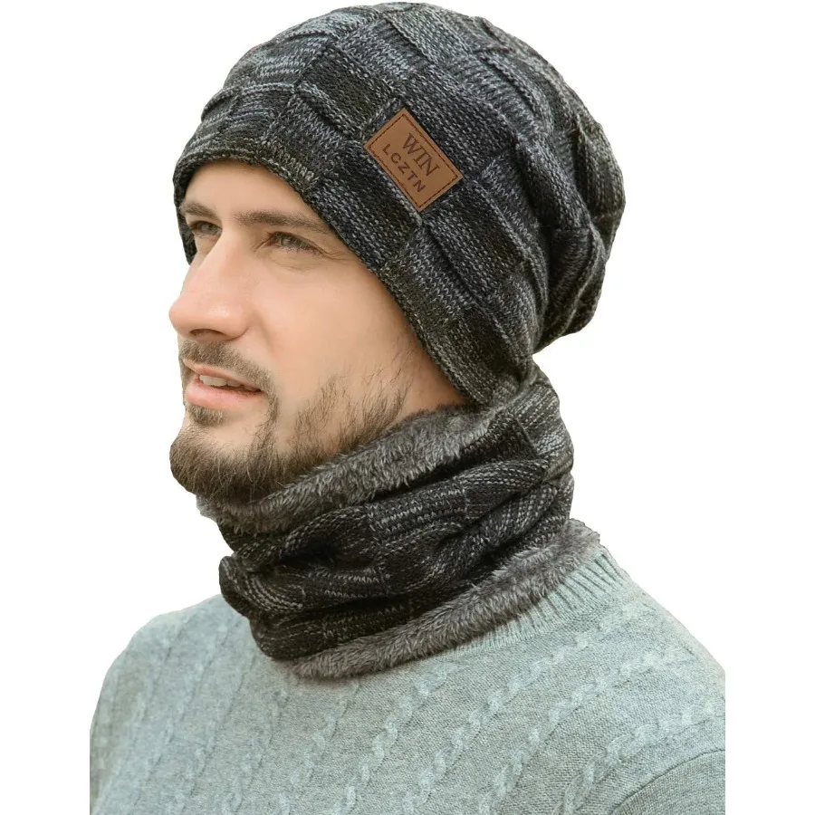 

LCZTN Mens Winter Beanie Hat Scarf Set Warm Fleece Lined Knit Ski Hats Slouchy Skull Cap for Unisex Gift
