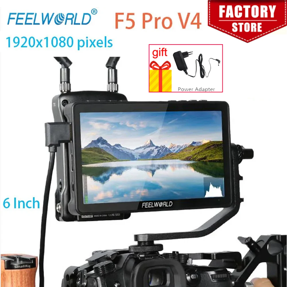 FEELWORLD F5 Pro V4 6 Inch Touch Screen DSLR Camera Field Monitor 3D LUT 4K HDMI Input Output Tilt Arm Power Output F970 Install