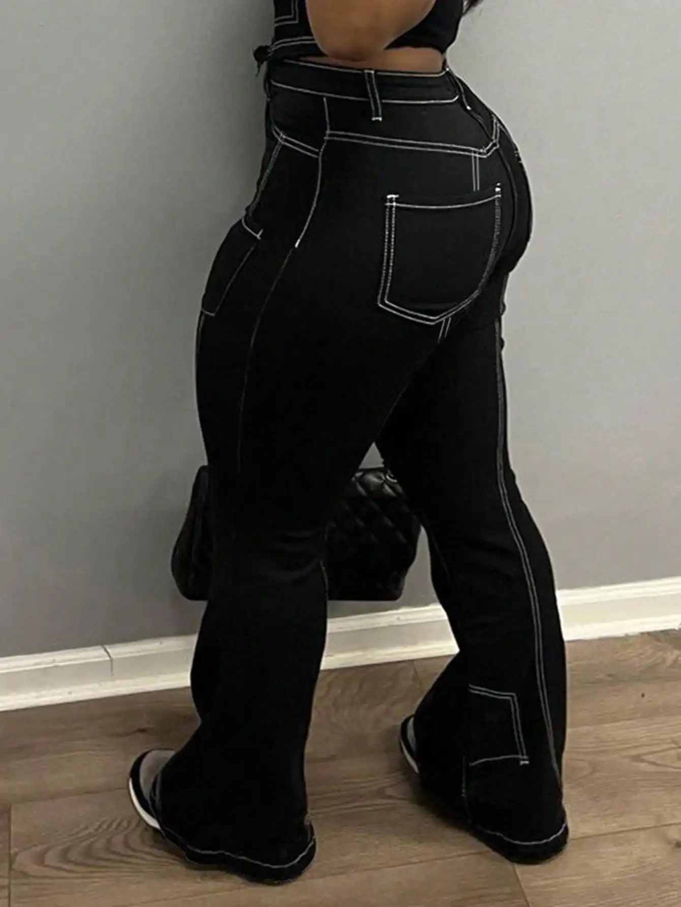 WGXWGX Women's High-Waisted Contrast Stitch Flare Jeans Black Denim Retro Streetwear Cotton Blend Comfortable Fit Retro Style