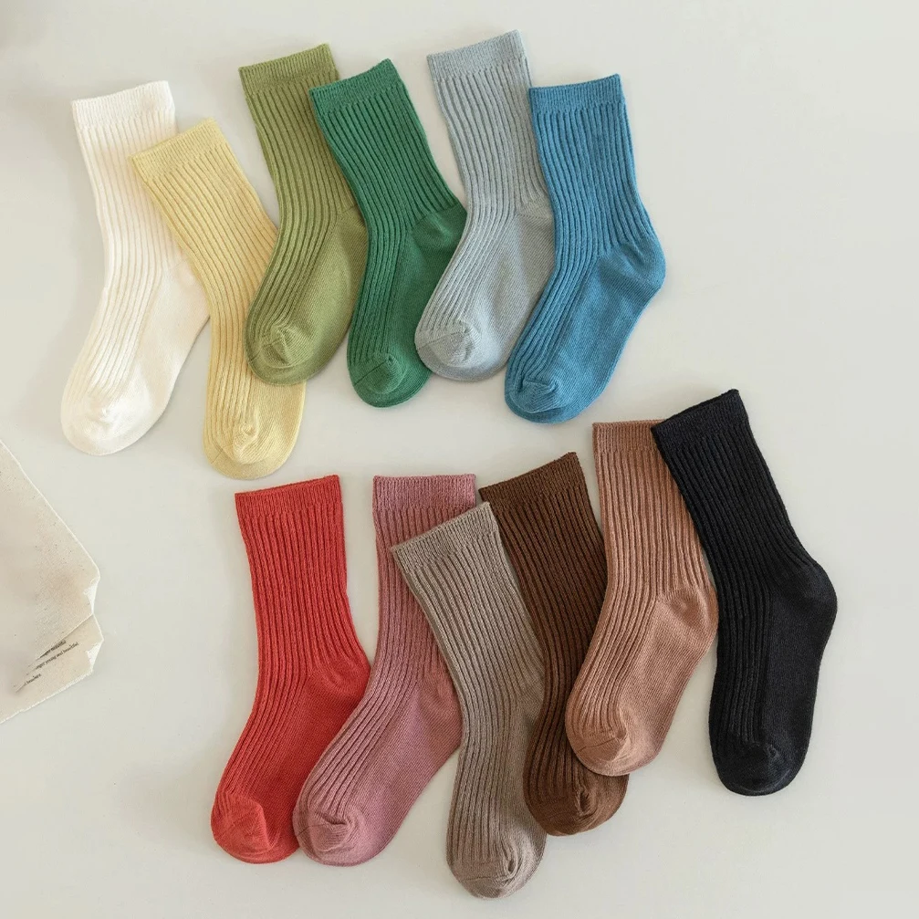 4 Pairs/Lot  Children's Casual Socks Set Solid Color Ribbed Boys Girls School Sock Cotton Kids Mid-Tube Socks For 1-10Year