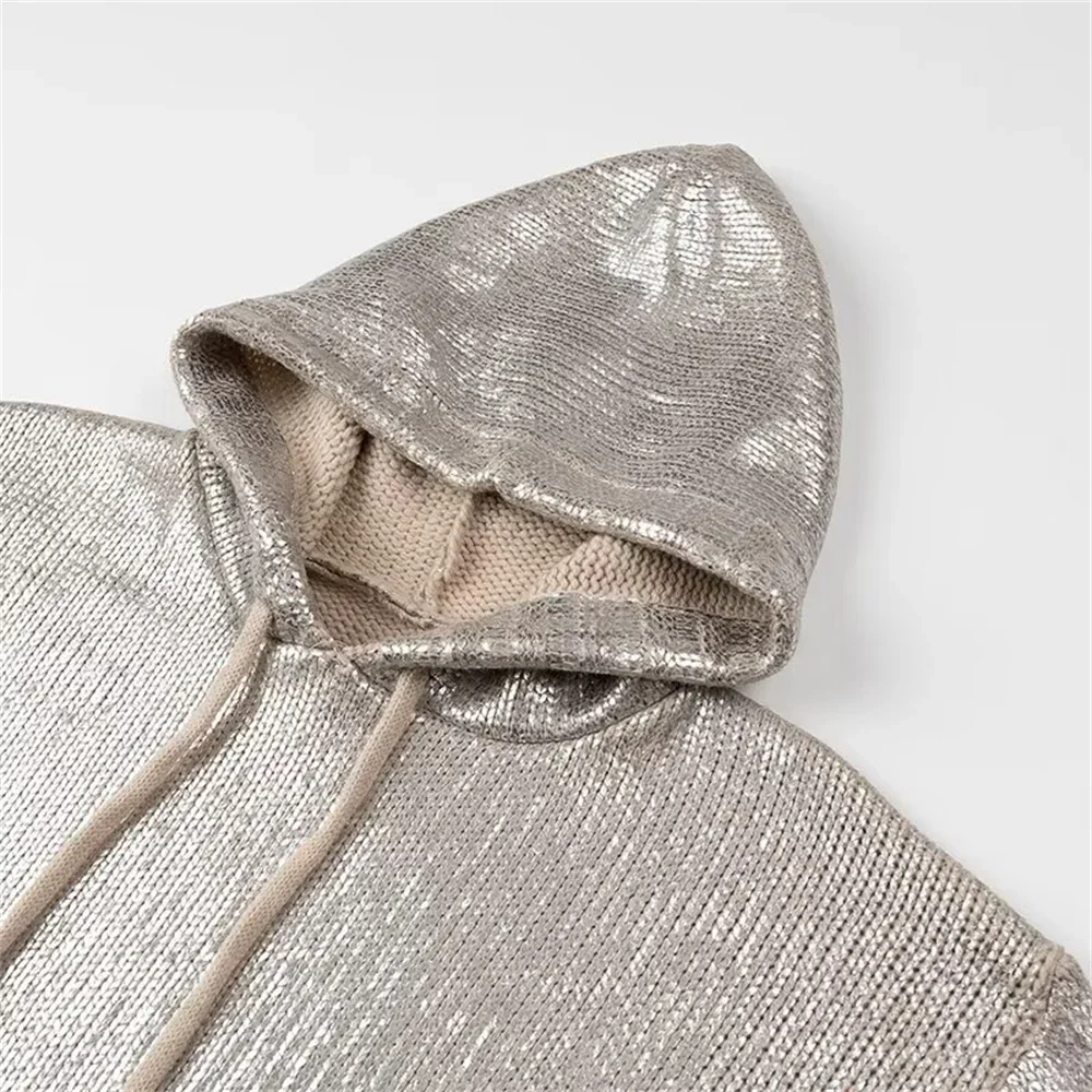 Knitted Sweaters For Women 2025 Autumn Winter Pullover Long Sleeve Metallic Hoodie Shiny Elegant Female All-match Coats
