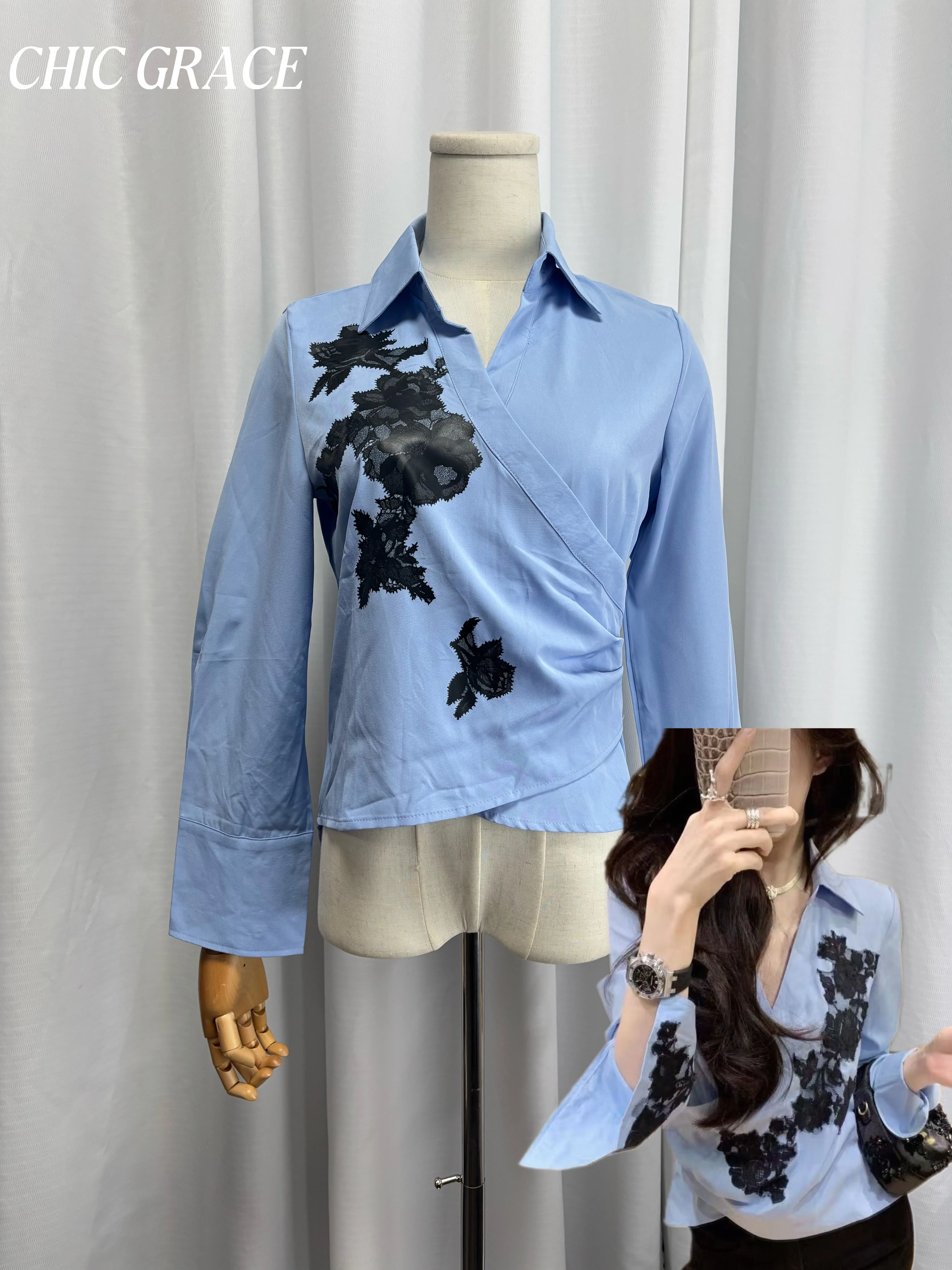 

Real shot Women's Fall New Arrival French Chic Blouse - V-neck Lace Embellished Light Blue Elegant Short Length Long Sleeve Fash