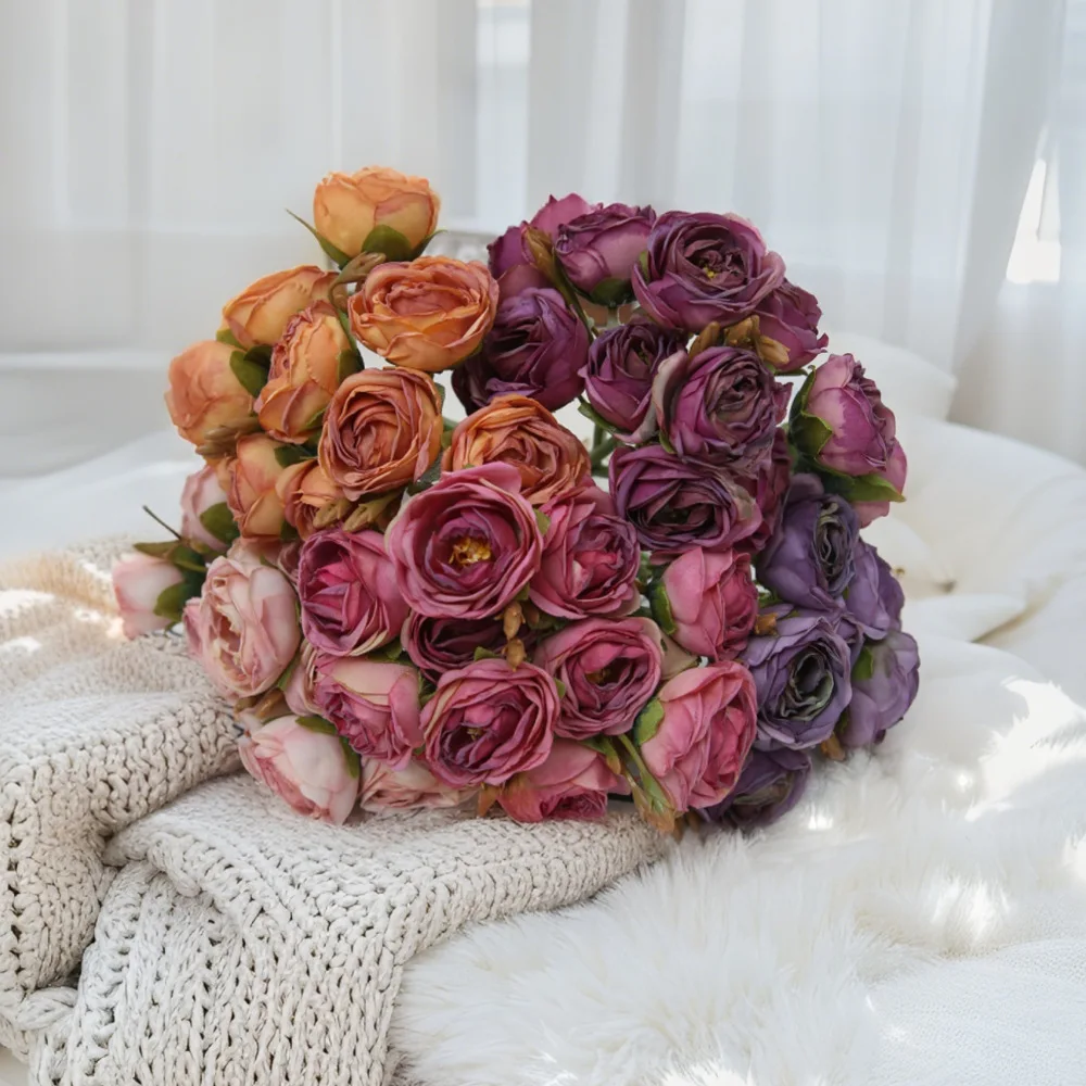 

12 головок шелковых искусственных роз с жареными краями, градиентные цветы, свадебный букет, свадебные цветочные материалы, настольная ваза для семейной комнаты