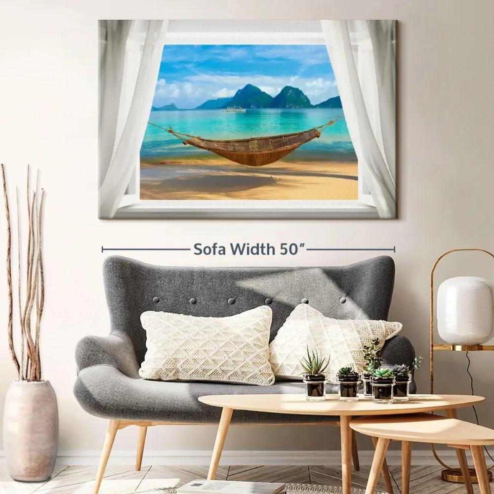 Beach Hammock Canvas - 1 Panel Canvas Window Picture Wall Decoration - Window Scene Canvas, Sea View Canvas Wall Art 51X34in