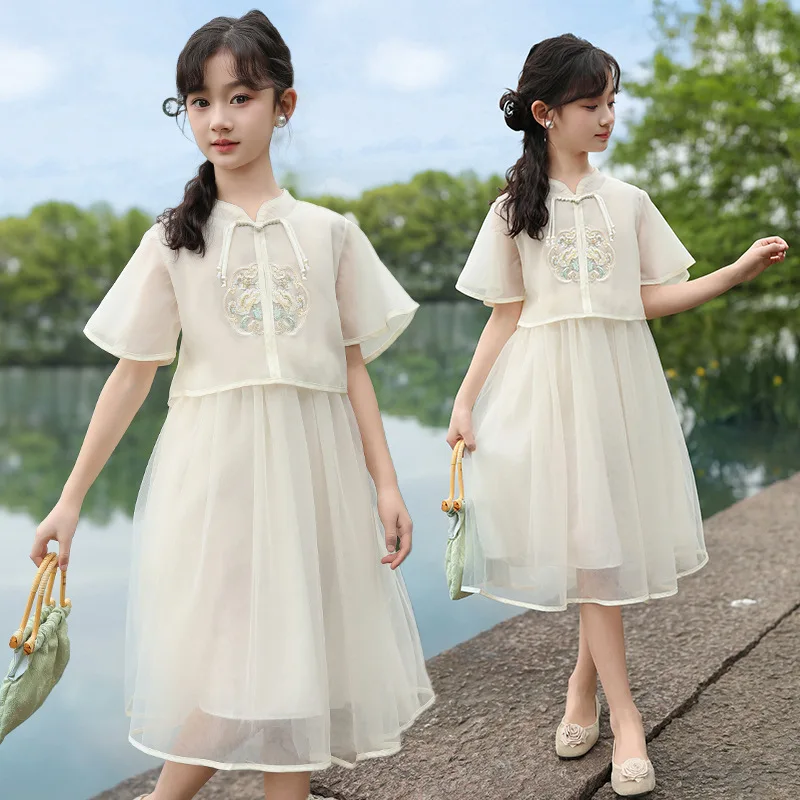 

Girls Summer Dress 2024 New Children National Style Dress Western Style Girls Summer Chinese Princess Simple Casual Skirt