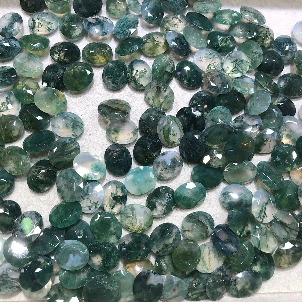 1pc Natural Stones Moss Agate Faceted Carved Oval Cabochon Crystals Gemstones Crystal Stone Mineral Quartz DIY Home Decoration