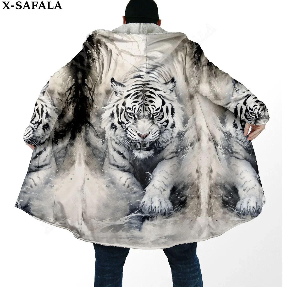 

The King White Tiger Skin 3D Print Dream Cloak Thick Warm Hooded Men Overcoat Coat Windproof Fleece Cape Robe Blanket-5