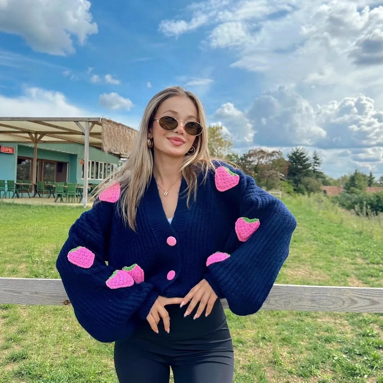 Autumn Winter New V Neck Single Breasted Lantern Sleeve Knitted Tops Loose Sweaters Sweet Strawberry Embroidery Cardigans Women