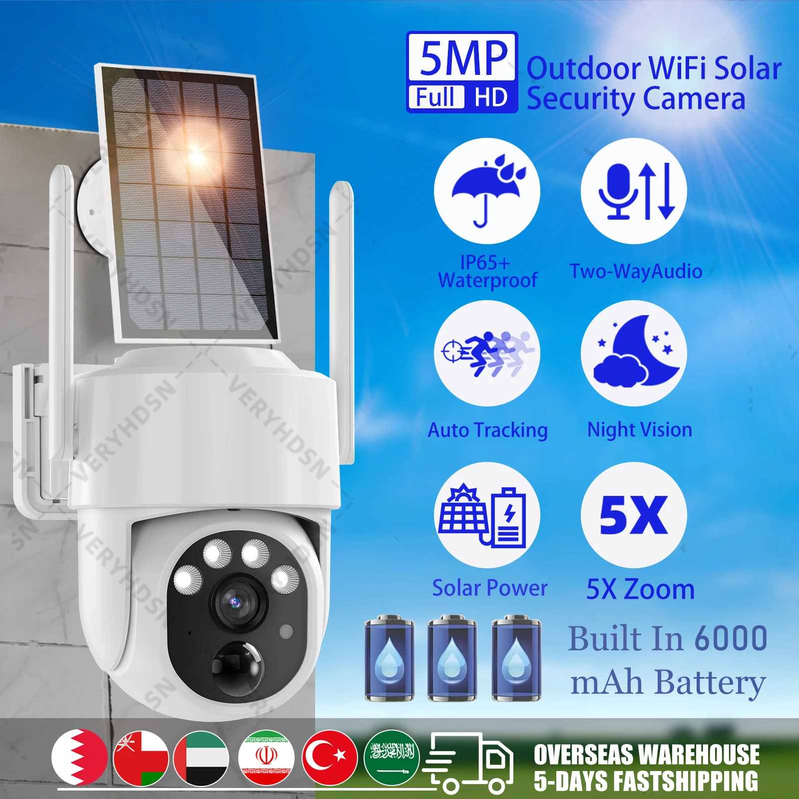 5MP Solar WIFI IP Camera 8000mAh Battery PTZ Surveillance Cameras Wireless PIR Human Tracking CCTV Outdoor HD Waterproof 5X Zoom