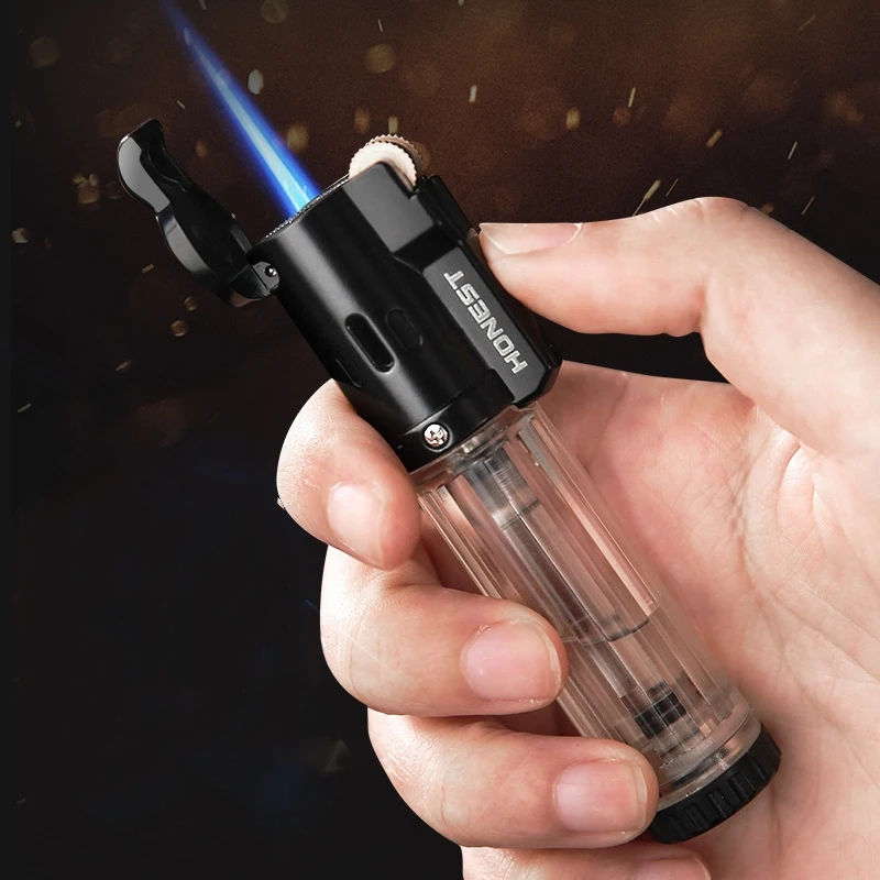 

Honest Butane Gas Cigar Lighter Transparent Visible FuelTank Fire LOCK Set Windproof Blue Jet Flame Grinding Wheel Outside Tool