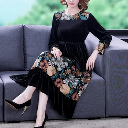 Black High-end Women's Printed Tencel Velvet Dress Fashion Casual Loose Long Sleeve Knee Dress 2024 Fall New Party Dresses