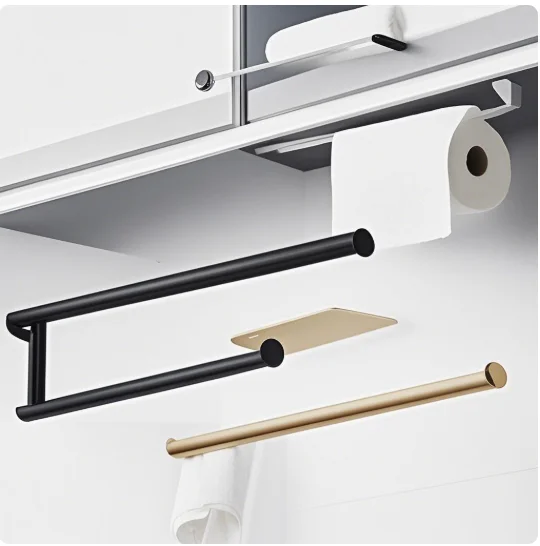 Stainless Steel Wall Mount Towel Rack Self Adhesive Tssue Holder Punch-free Roll Paper Holder Kitchen Hook Storage Holder