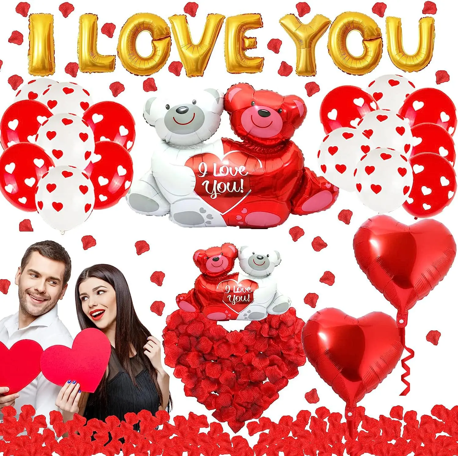 

I Love You Balloon and Heart Balloons with Rose Petals Wedding Flower Bear Red Heart Balloons for Valentine Day Party Decoration