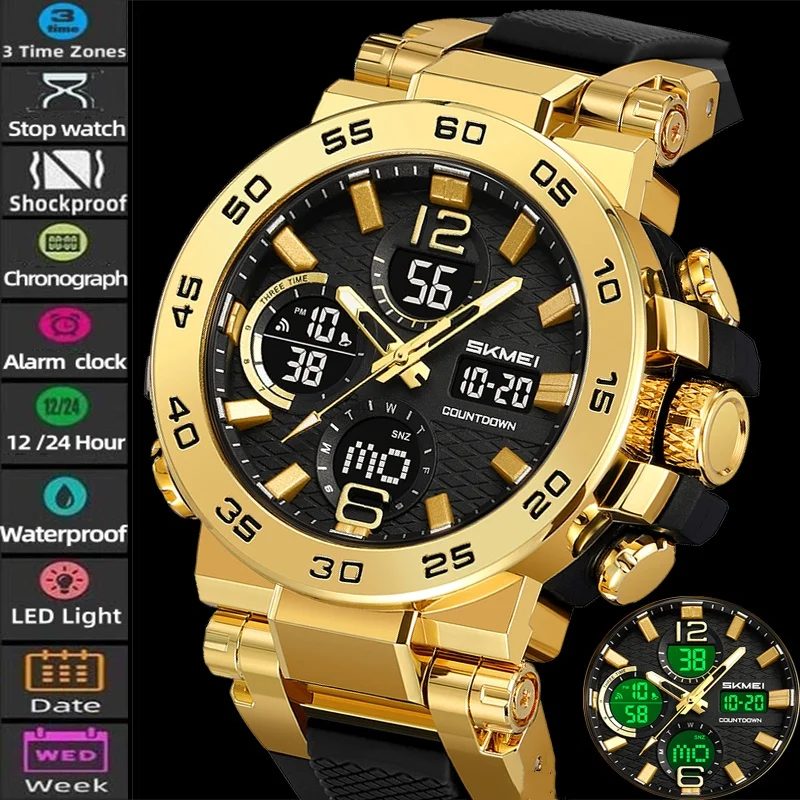 Skmei Big Dial Military Sports Watches with Date Week 50m Waterproof Swimming Alarm Clock Male Three Time Zones LED Chronograph