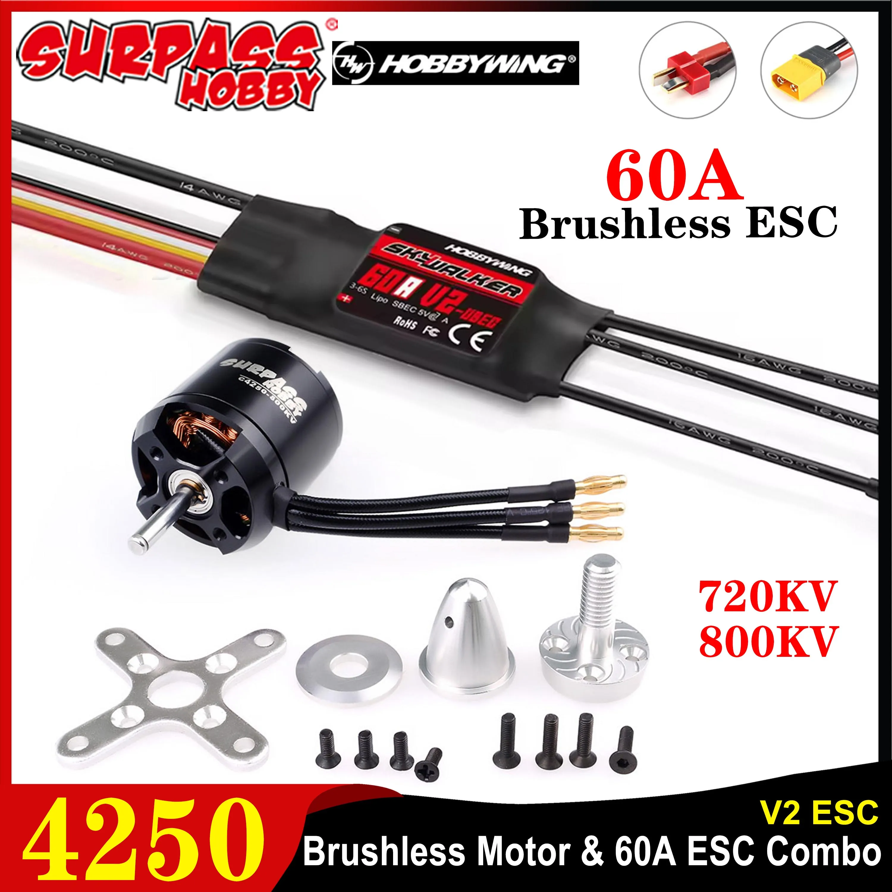 Surpass Hobby 4250 800KV 720KV Outrunner Brushless Motor w/Skywalker 60A ESC for RC Fixed-wing Drone Helicopter Aircraft Plane