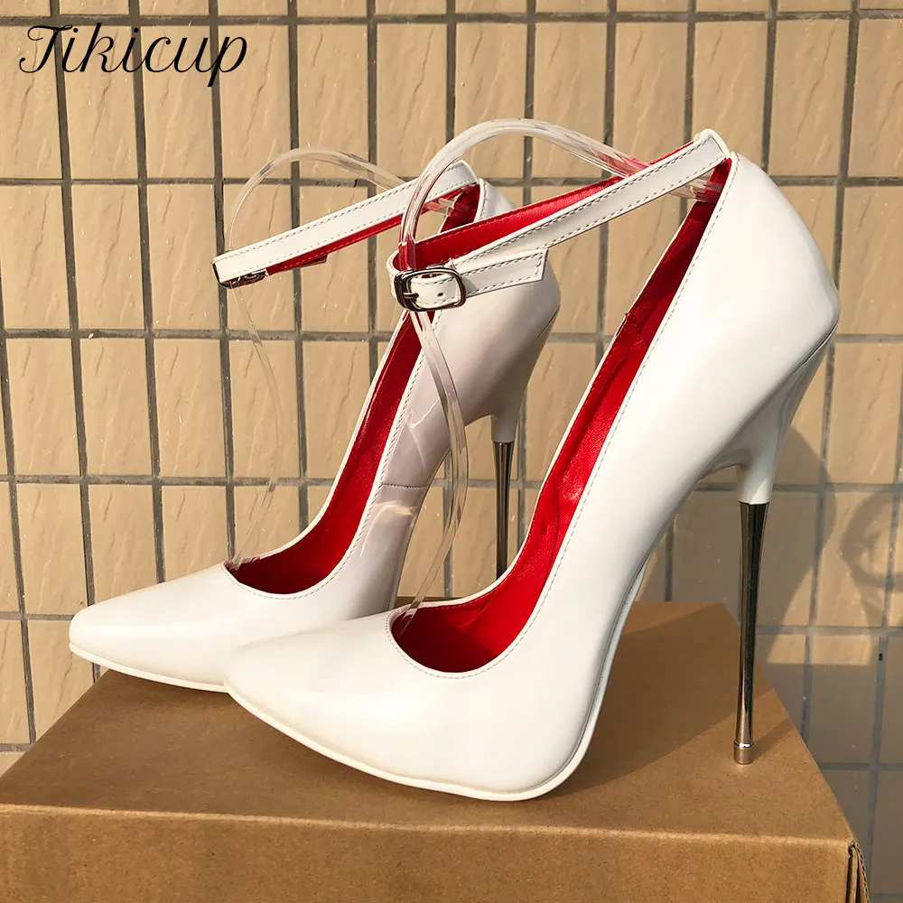 

Red inside 16cm Super High Metal Heels Women Glossy White Stiletto Pumps Sexy Ankle Strap Fetish Man Nightclub Unisex Shoes