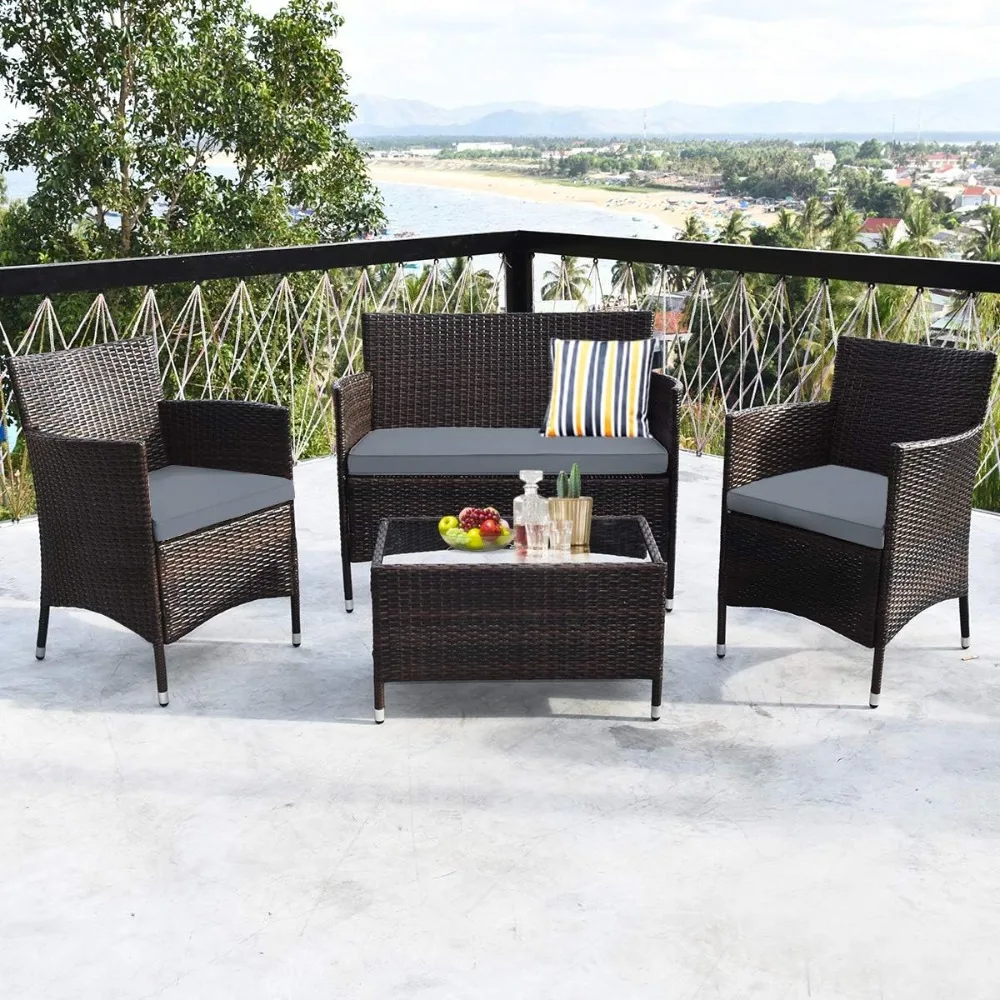 

4PCS Rattan Patio Furniture Set, Outdoor Wicker Rattan Chairs with Coffee Table, Rattan Cushioned Conversation Set for Backyard