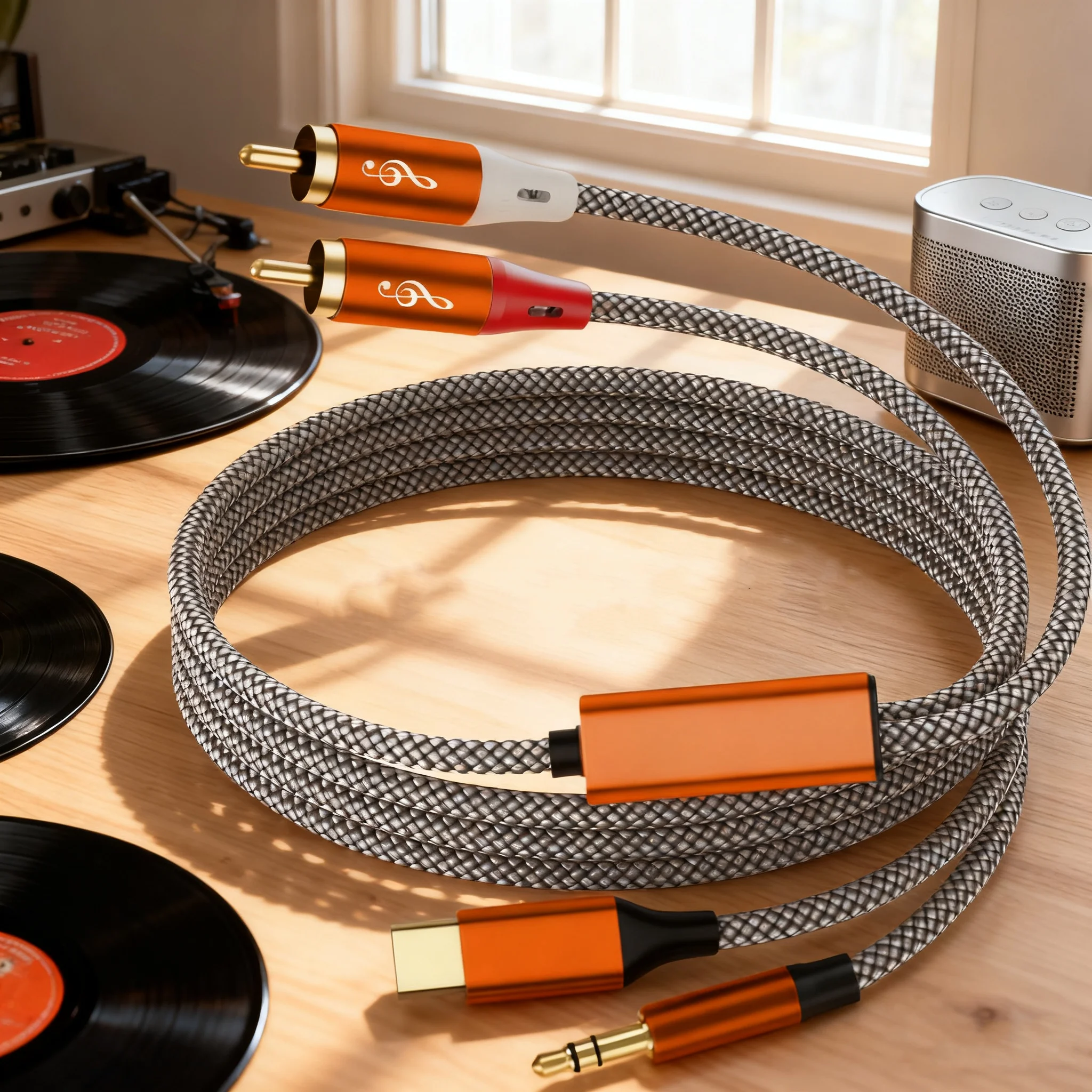 Orange 3.5mm to Dual RCA Stereo Audio Cable - Hi-Fi Sound, Universal Compatibility for TV, Phone, Car Radio