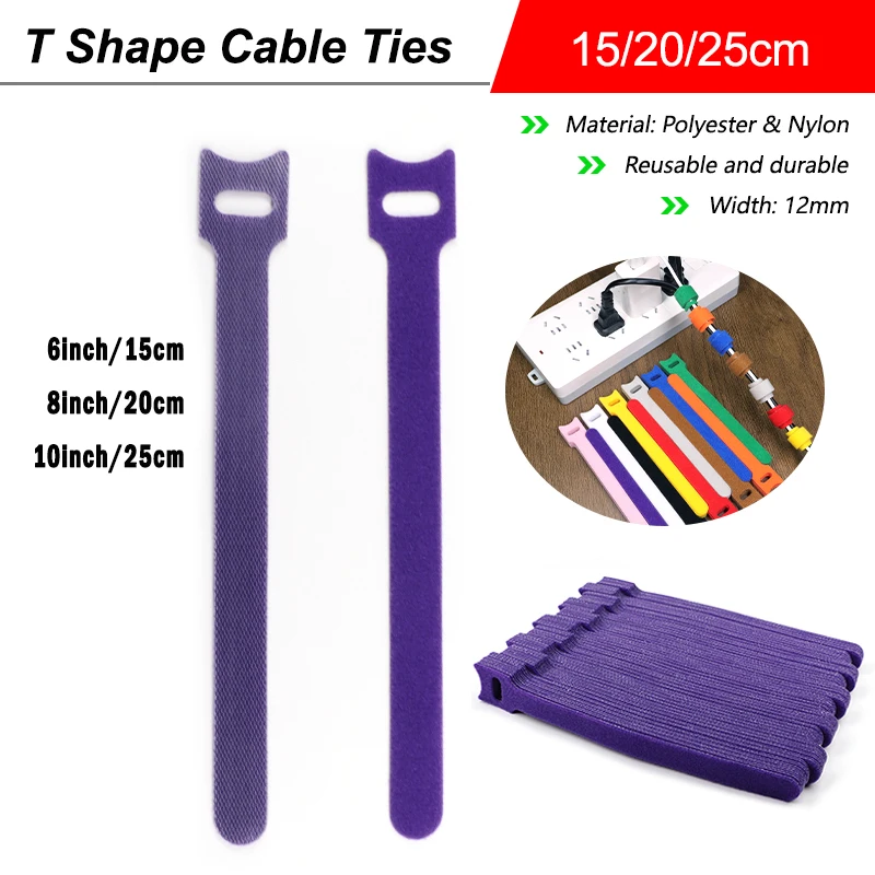 

Purple T-Type Cable Ties 150 200 250mm Releasable Wire Harness Bundle Zip Tie Wrap Line Organizer Hook Look Nylon Fastener Strap