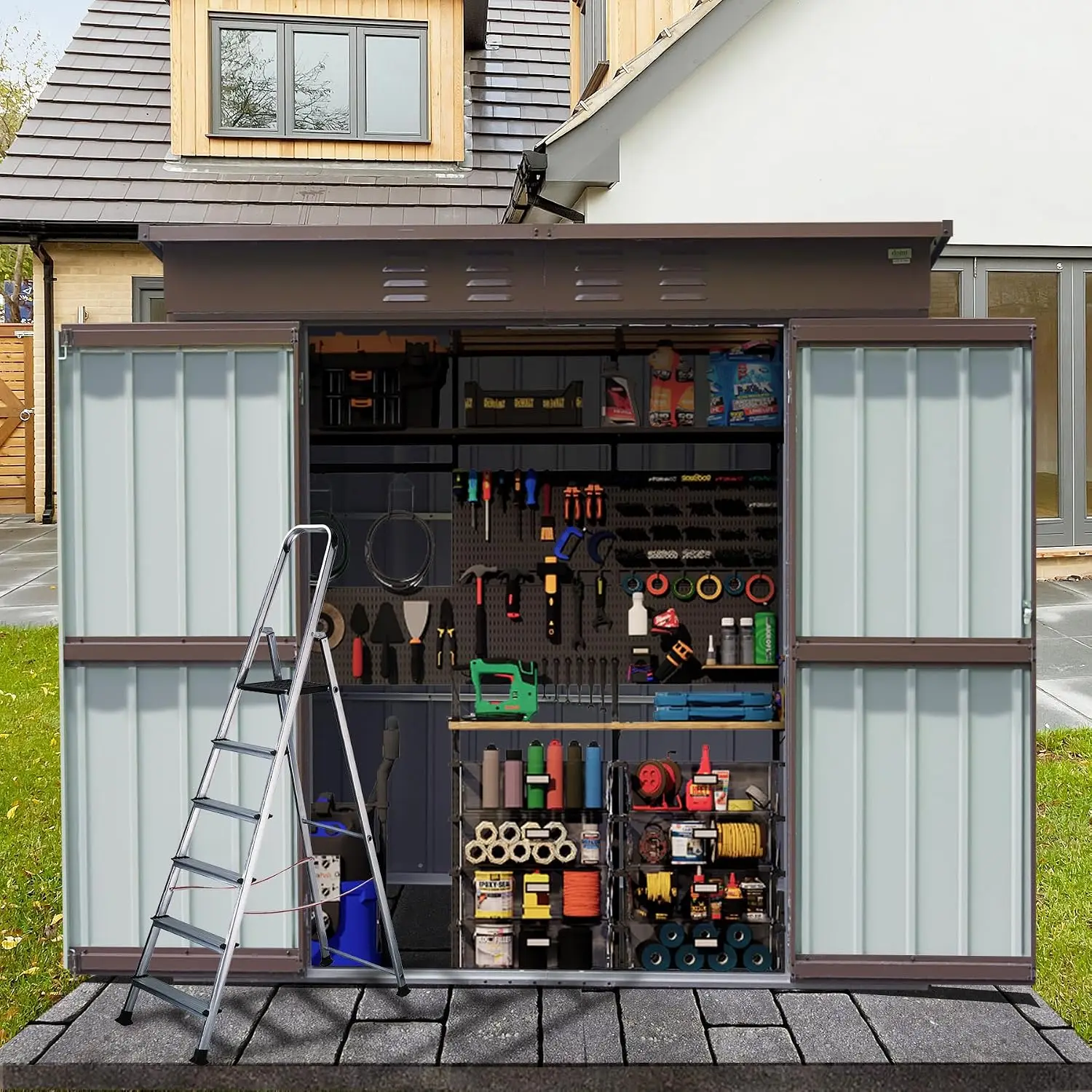 Domi Outdoor Storage Shed 6' x 4.5’, Metal Garden Shed with Galvanized Steel Frame for Bike, Tools, Lawn Mowers, Pool Toys, Outdoor Storage Cabinet with Lockable Door for Garden Lawn Patio (Brown)