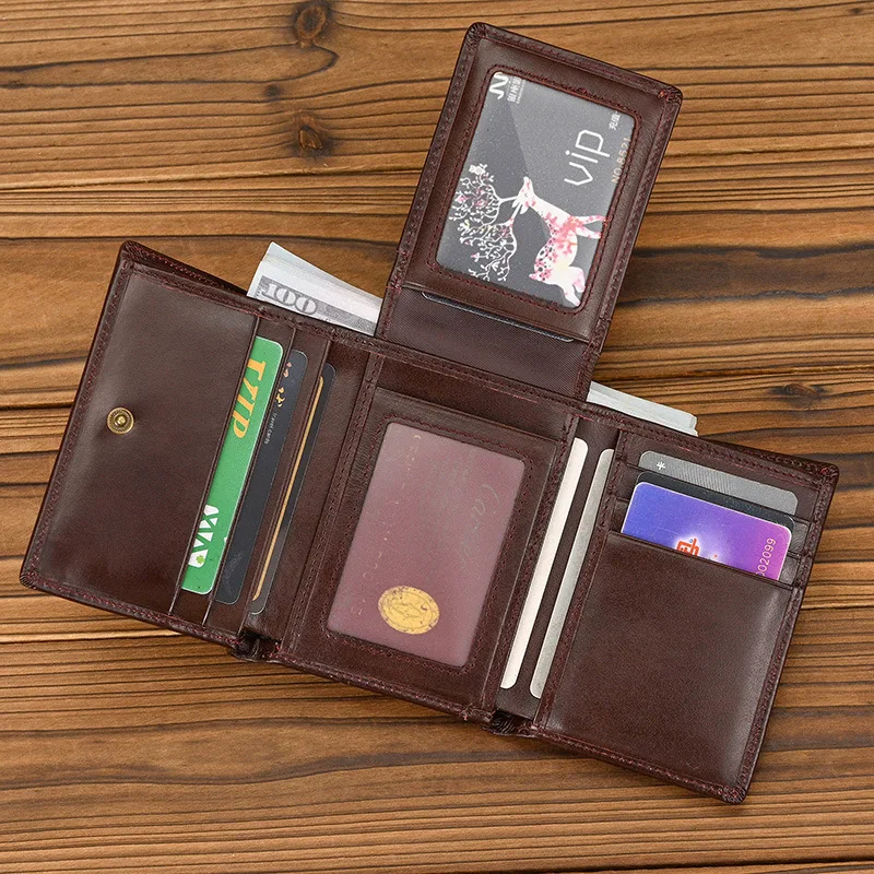Korte RFID-portemonnee van echt leer met ritssluiting, portemonnee, multifunctionele zakelijke portemonnee met grote capaciteit